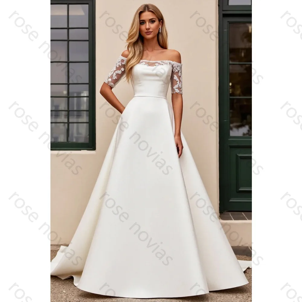 Customized Satin Wedding Dresses For Bride Strapless High Quality Appliques White Bridal Cheap A-line for Floor-Length Simple