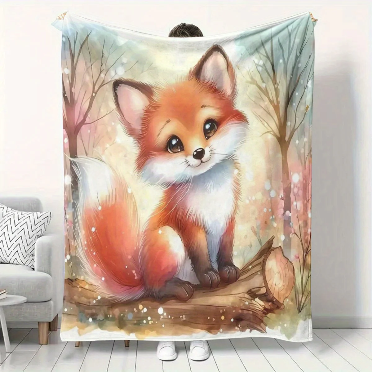 Adorable Little Red Fox Watercolor Blanket Lovely Cub On Wood Trunk Dreamy Pastel Forest Background Soft Flannel Throw Blanket