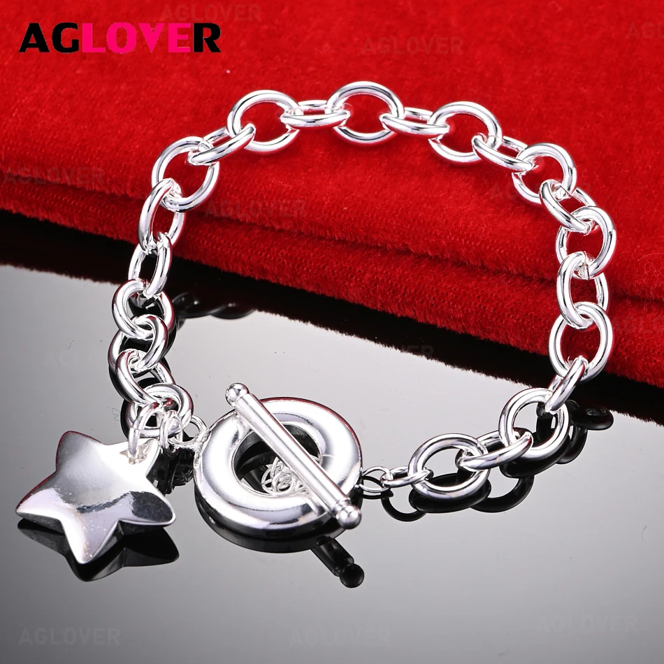 

AGLOVER 925 Sterling Silver Star in Star Pendant OT Clasp Silver Chain Bracelet Women Charm Fashion Wedding Jewelry