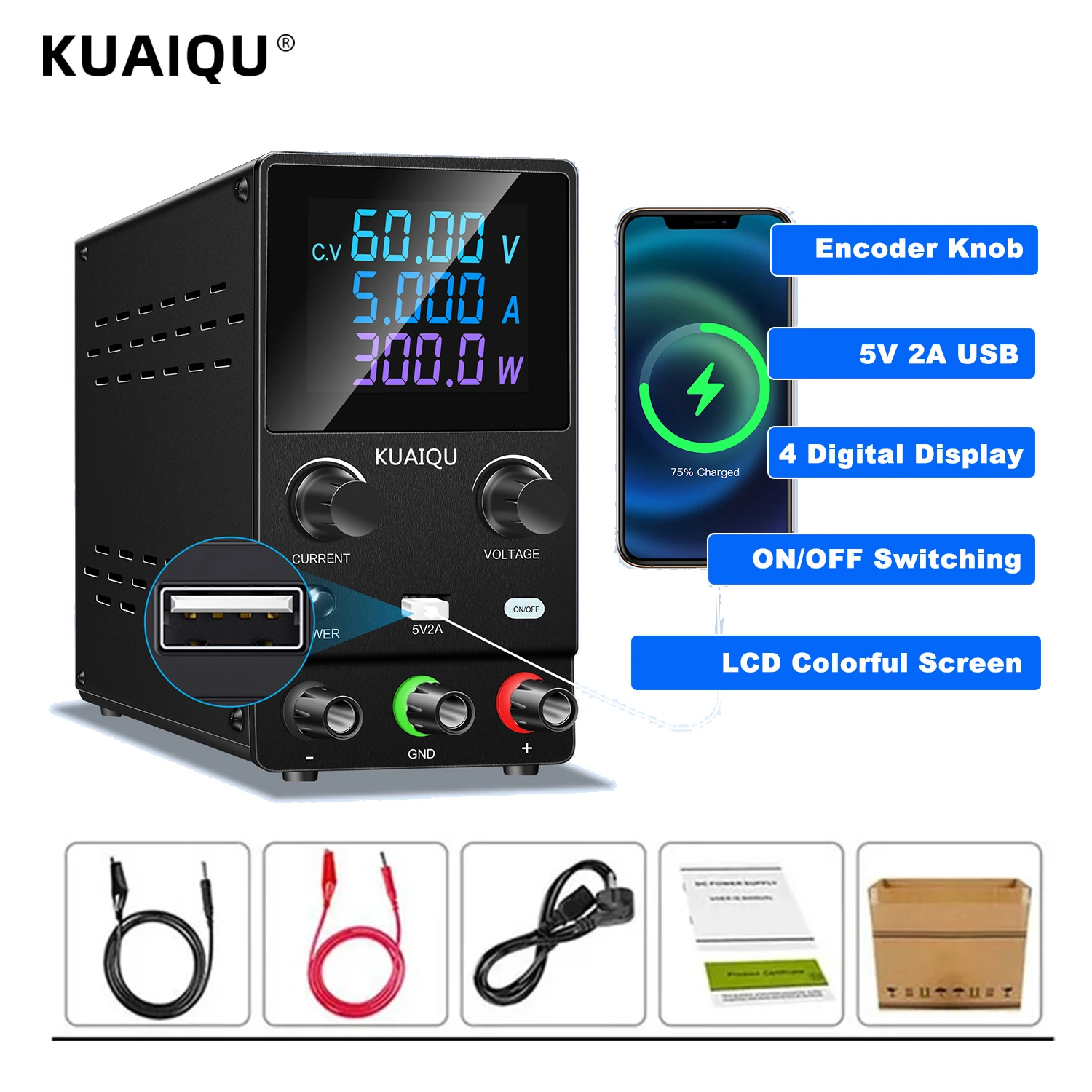 KUAIQU USB 60V 5A DC Power Supply Adjustable Digit Display Laboratory Power Supplies Voltage Regulator 30V 10A For Phone Repair