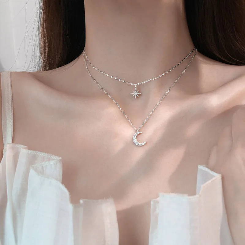 Simple Double Layer Star Moon Charm Multilayered Necklace Delicate Clavicle Chain Zircon for Women Fashion Jewelry 2024