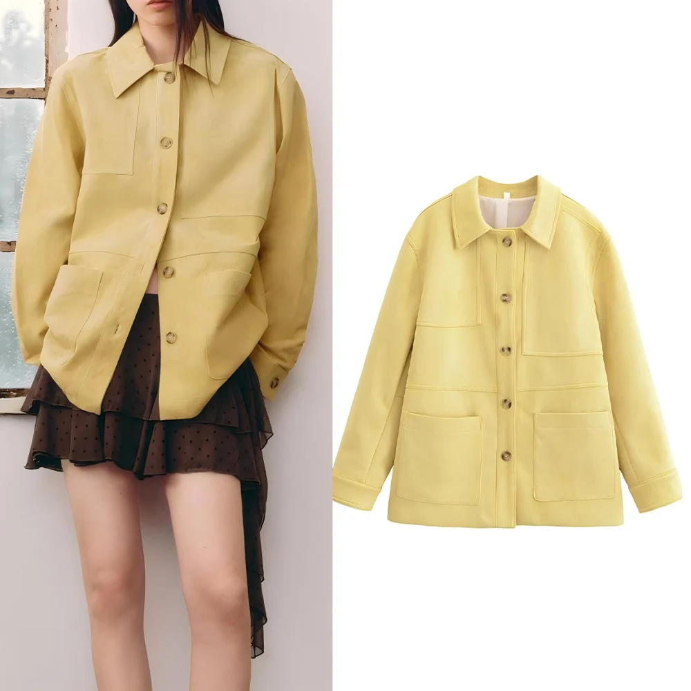 

Women's 2025 new fashion pocket decoration loose long sleeved suede jacket retro lapel Button-up women's jacket chic top