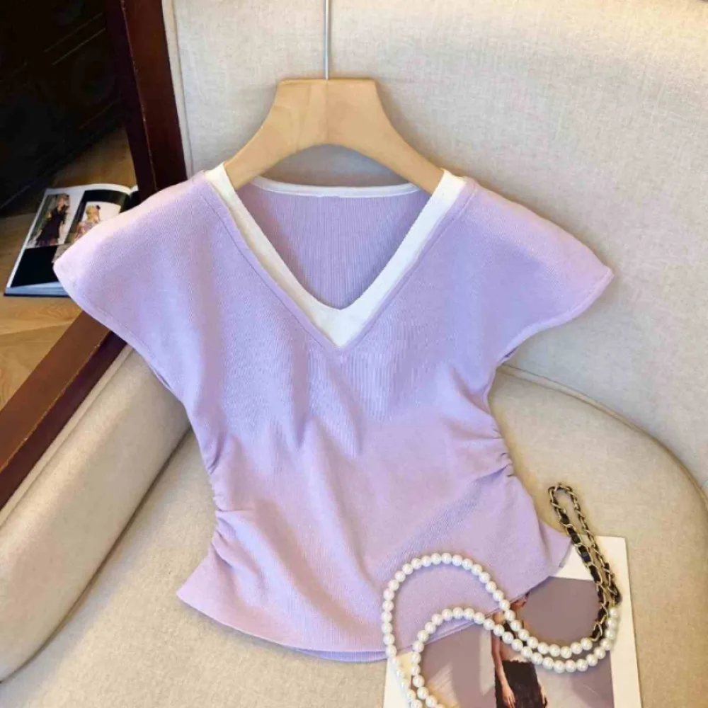 

Модные лоскутные футболки из двух предметов с v-образным вырезом и короткими рукавами, тонкий укороченный топ в корейском стиле, милый топ для девочек, уличная одежда