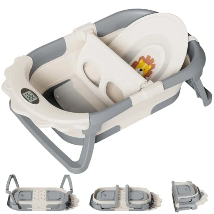 TPN 4-in-1 Grow-with-Me Collapsible Baby Bathtub for Newborns to Toddlers with Soft Floating Cushion Thermometer Portable Infan