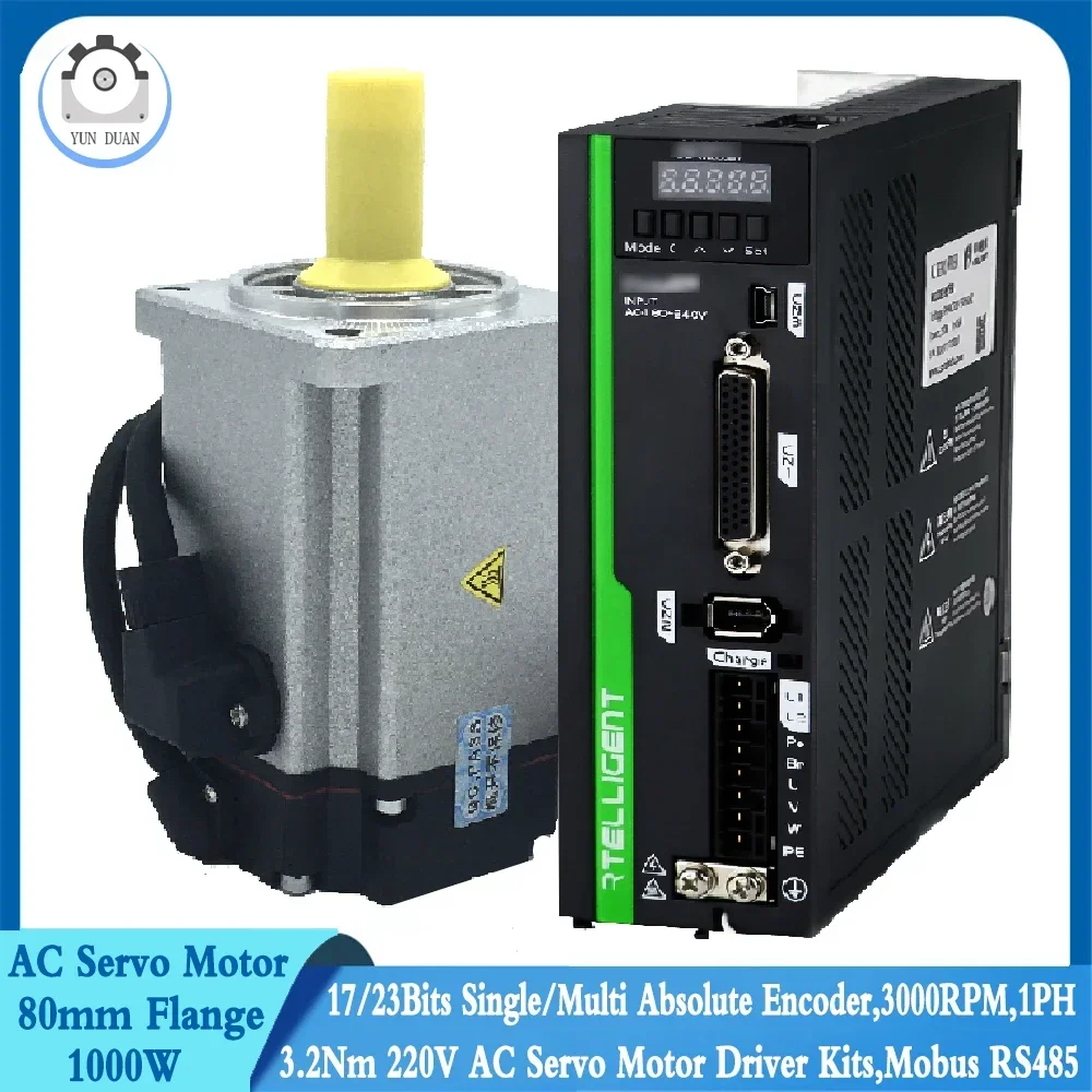 

1 PH 220V AC Servo Motor 1KW Kit 3000RPM 3.2Nm 17/23bit Single Multi Absolute Encoder Modbus RS485 1000W 80mm Servomotor Driver