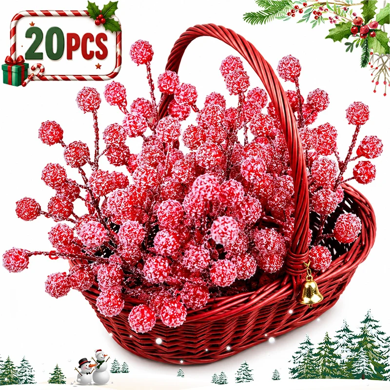 1/20PCS Artificial Snowy Red Berry Branches 21cm Frosted Fake Fruit Stems Plastic Christmas Tree Wreath Garland Xmas Party Decor
