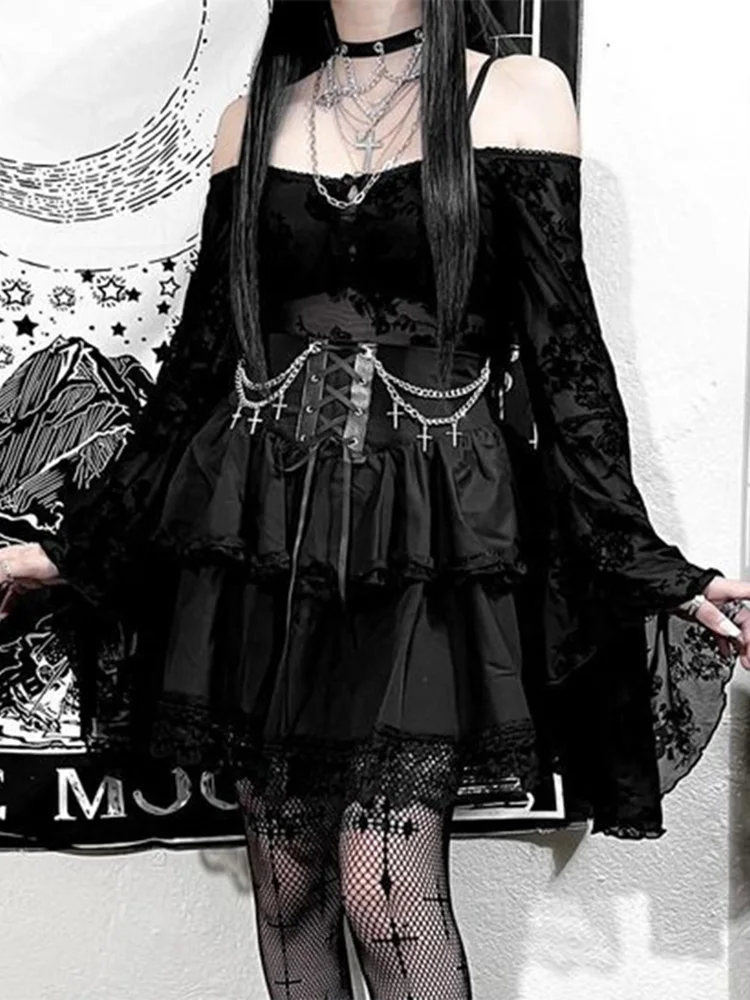 AltGoth Halloween Dark Gothic Skirt Women Vintage Streetwear Y2k Cyberpunk Chain Cross Lace-up Corset Skirt Harajuku Cake Skirt