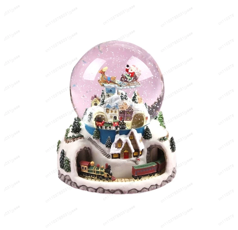 Christmas Crystal Ball Snow Globe with Old Man, Elk, Double Train & Carriage, Music Box Gift for Christmas Eve Event