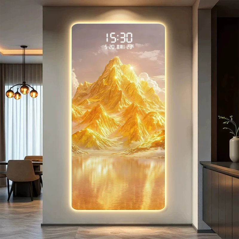 Sunlit Golden Mountain Entrance Decor Painting New Chinese Style Creative Touch-Sensitive Digital Clock High-End Living Room LED
