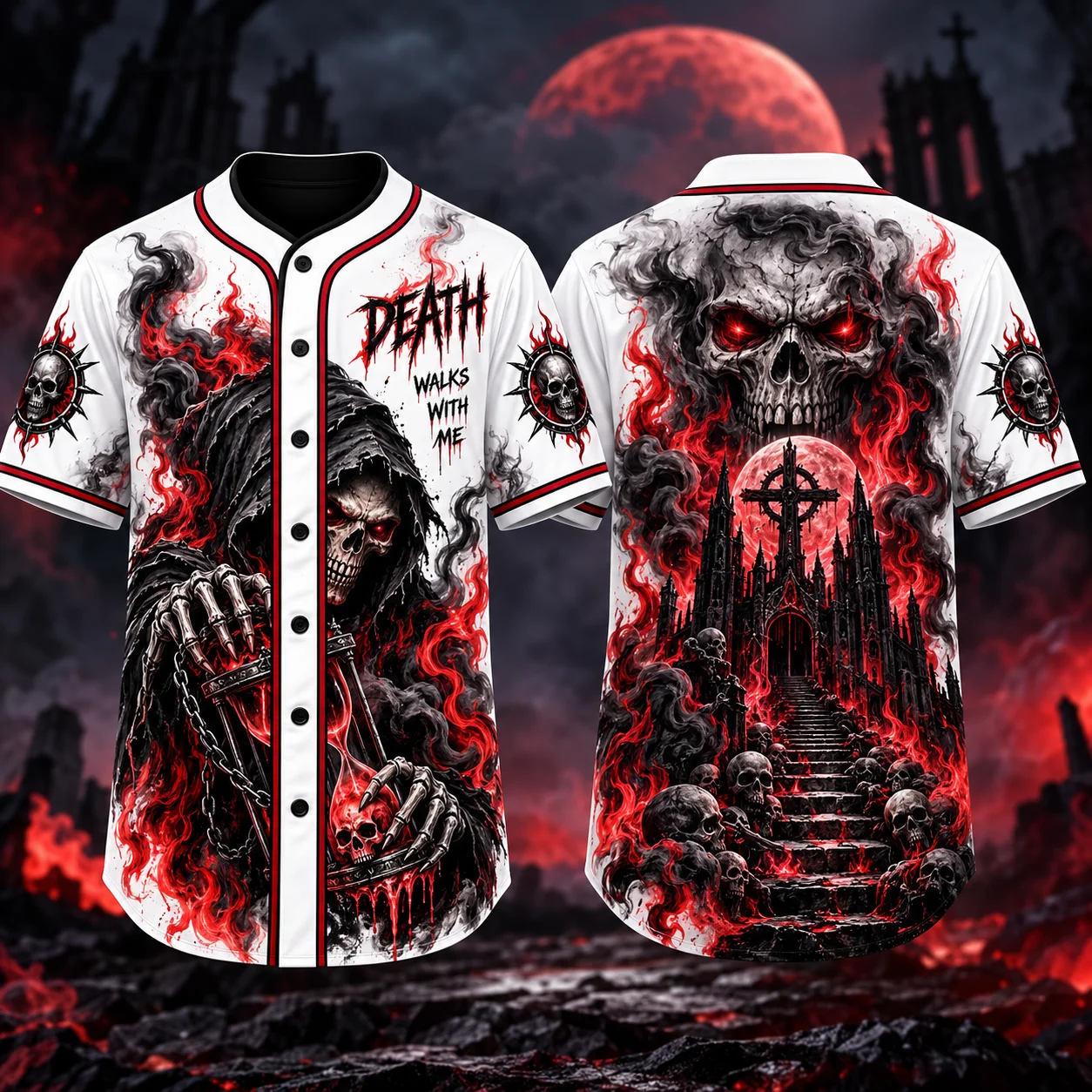 Gothic Skull Baseball Man Shirts 3D Red Flame Print Short Sleeve Button Down Jersey Halloween Horror Streetwear Cosplay Party