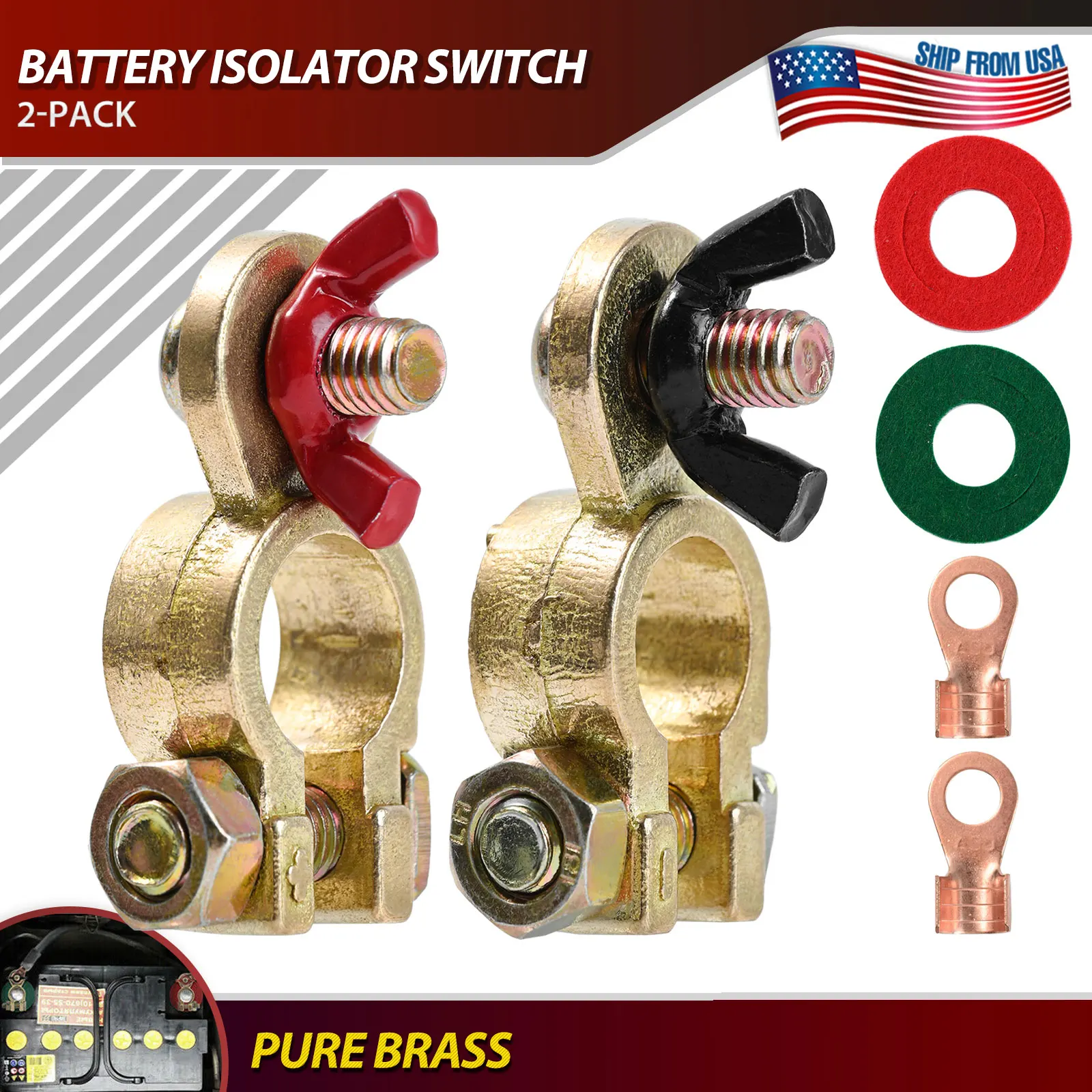 

2x Solid Brass Battery Terminal Connector Top Post End Clamps Set for Car Marine