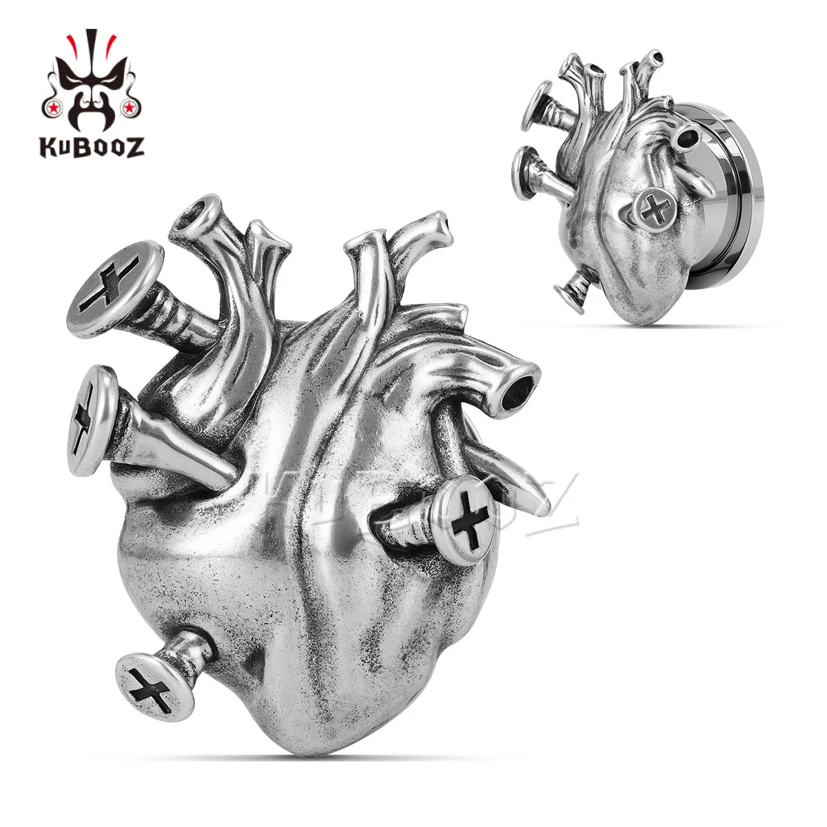 KUBOOZ 3D Heart Ear Tunnel Plugs Screw Design 316L Stainless Steel Ear Gauges Stretcher Body Piercing Jewelry