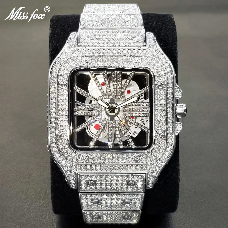 Luxury Diamond Square Watch For Men Fashion Hollow Iced Out Tanks Watch Man Trendy Funny Bling Crytal Jewelry Clock Dropshipping