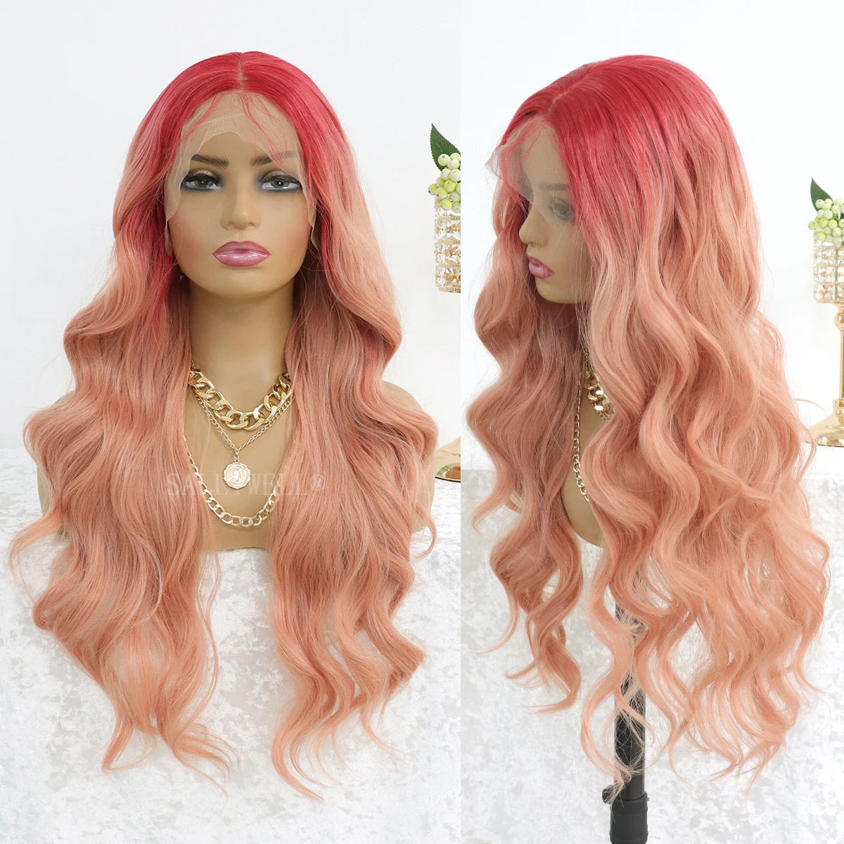 

Pink Lace Front Wig Natural Wavy Pink Wigs Loose Wave Glueless Synthetic Lace Wigs for Women Preplucked High Quality Fiber Hair