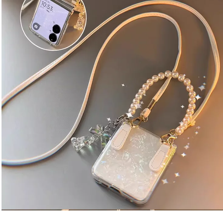 Diy Shell Perle Kette Fall Für Samsung Galaxy Z Flip7 Fall Z Flip 6 5 4 3 Abdeckung Xiaomi Mix Flip 2 fall Moto Razr60 ultra Razr50