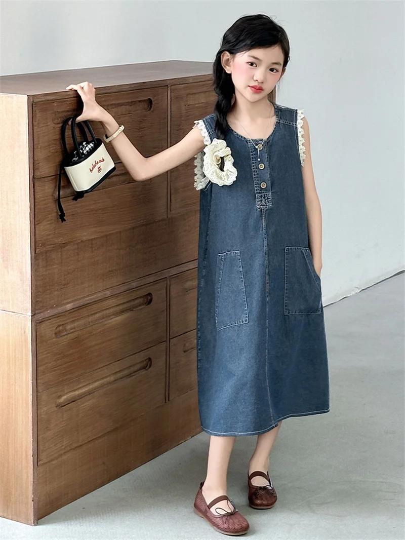 Children Summer Dresses 2026 New Trendy Denim Sundresses Older Girls Fashionable Lace Trim Dresses 5-14 Years