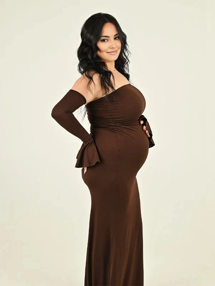 ثوب الحمل البني قبالة الكتف كم طويل الأمومة التقطت الصور اللباس ماكسي الزي الأمومة التصوير الدعامة الاستوديو