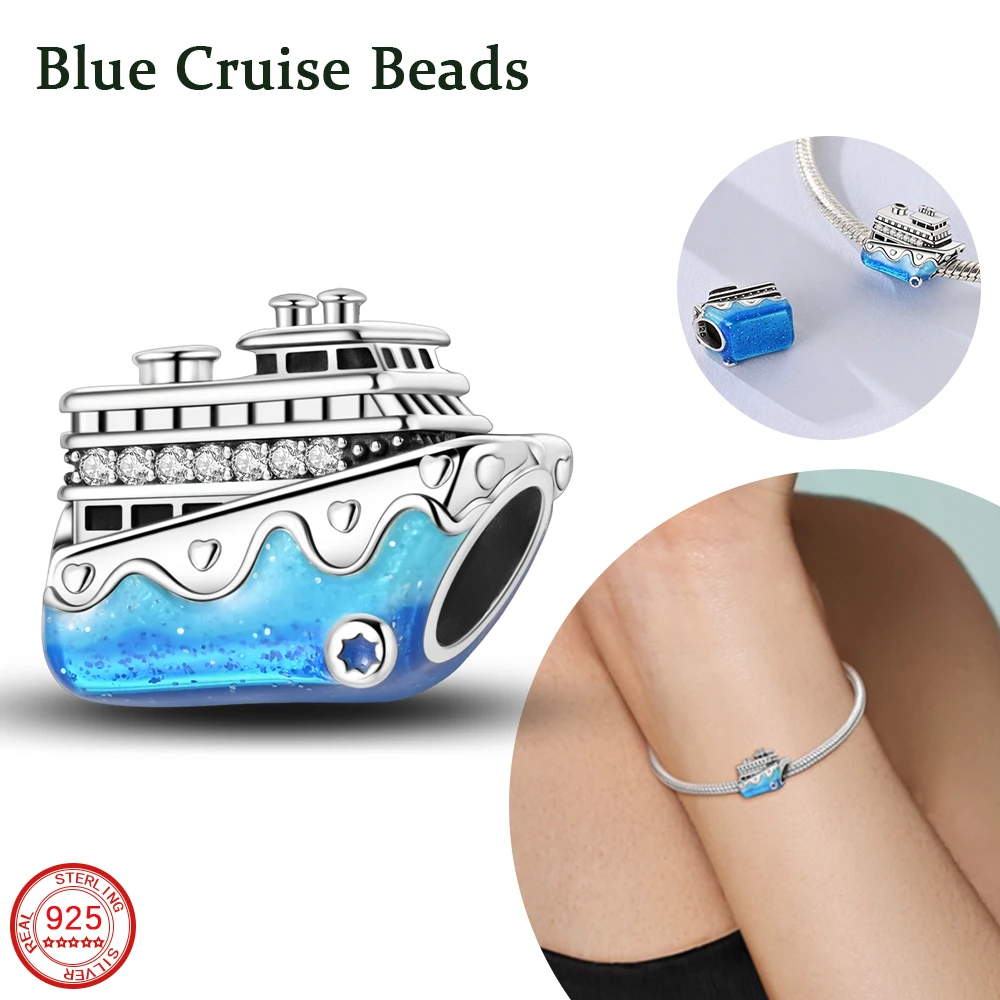 New Cute 925 Sterling Silver Blue Ocean Star Heart Shaped Cruise Bead Fit DIY Women's Bracelet Necklace Gift Accessories