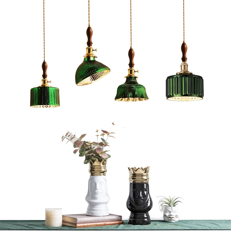 Glass Pendant Light Hanging Lamp Copper Lamp Brass Creative Minimalist E27 Green Lampshade Restaurant Light Ceiling Chandeliers