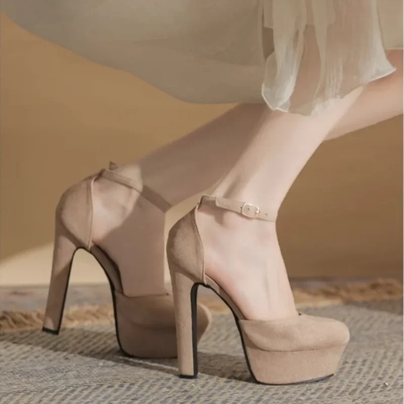 14CM Suede Platform Chunky Heel Women Sandals Temperament Mid Hollow Single Shoes Not Tiring Feet Ankle Buckle Strap Pumps