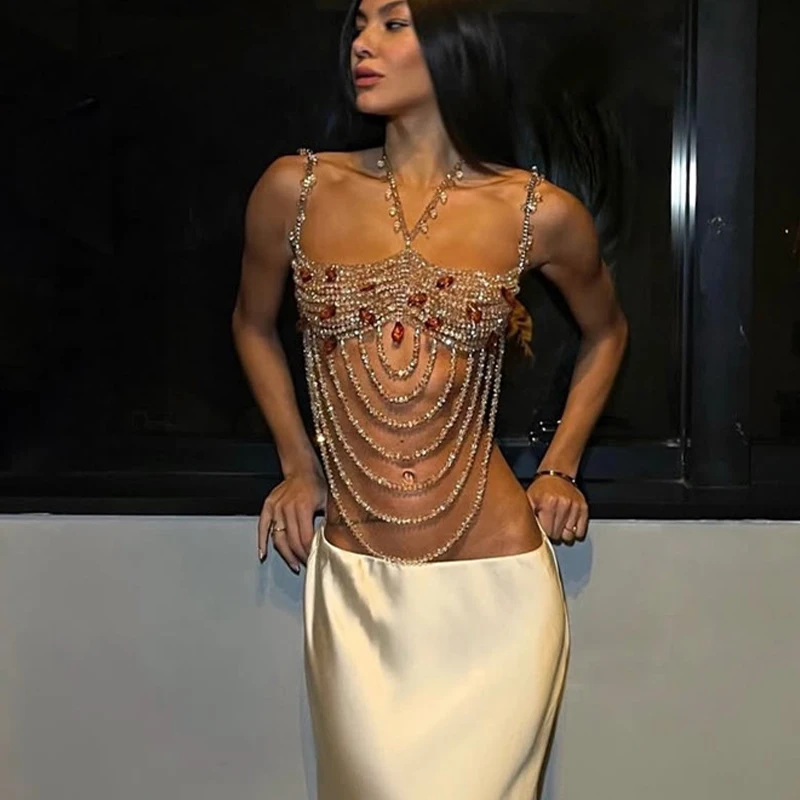 Handmade Women Holiday Beach Bikini Cover Crystal Rhinestones Crop Top In Gold Pearl Bead Body Chain Shoulder Necklaces Bra