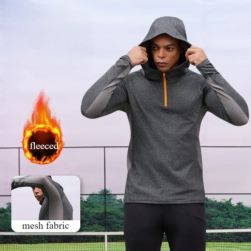 Long Sleeve T-Shirt for Men Fleece Sports Sweatshirt Hooded Fall and Winter Running Man Gym Workout Sportswear Training Sweaters
