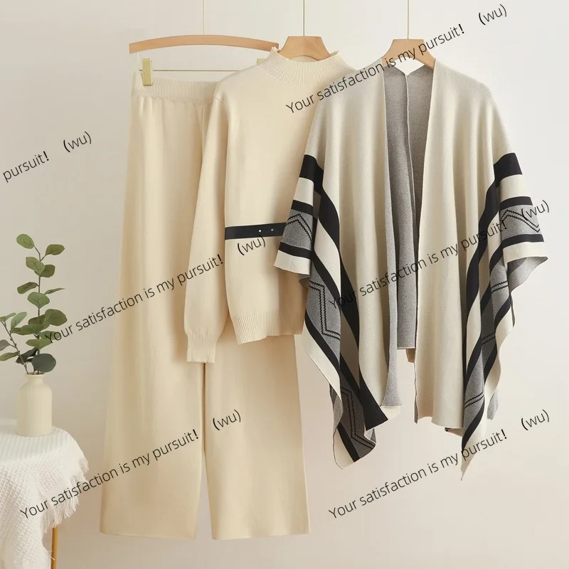 

Foreign trade fashion spring and autumn loose casual shawl cardigan jacket + turtleneck sweater base + wide-leg pants three