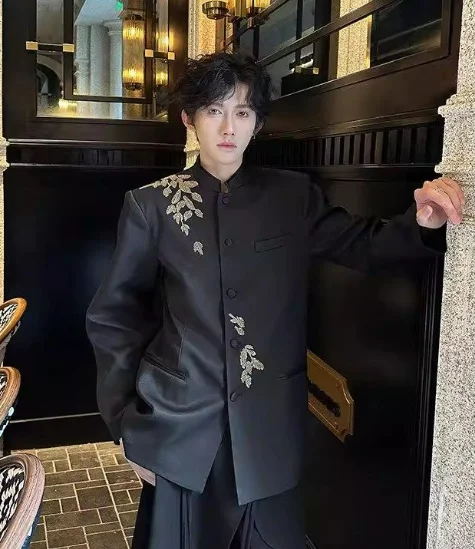 New Chinese Style Men's National Embroidered Groom's Formal Wear High-end Tang Suit Jacket Coat Men Trend Dress Blazers