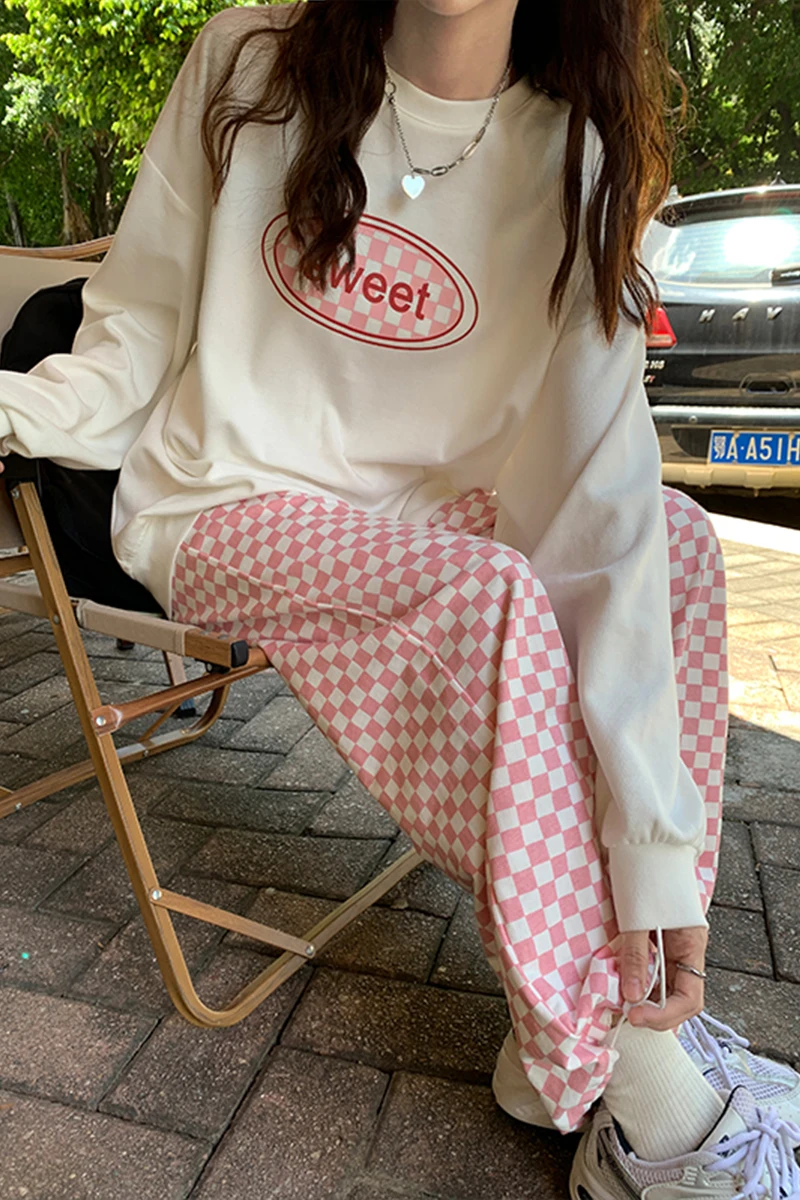 

Thin Sweatpants Women Pink Plaid Pants 2024 Spring Summer Casual Pants Beam Feet Trousers Female Loose High Waist Wide Leg Pant