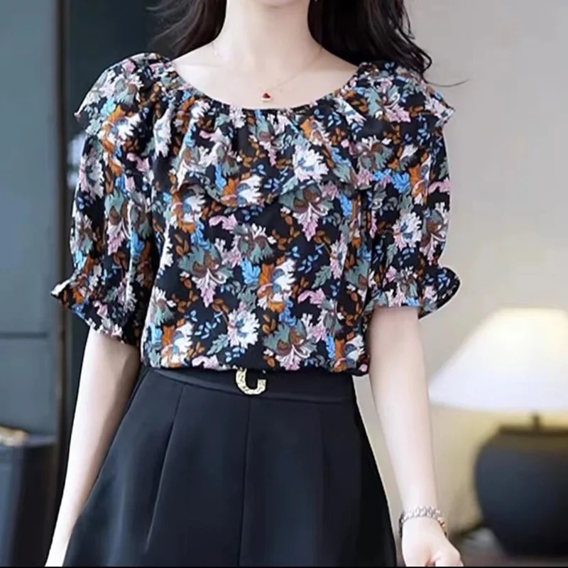 Fashion Off Shoulder Floral Shirt Tops Summer New Short Sleeve Loose All-match Print Office Blouse Vintage Elegant Women Clothes