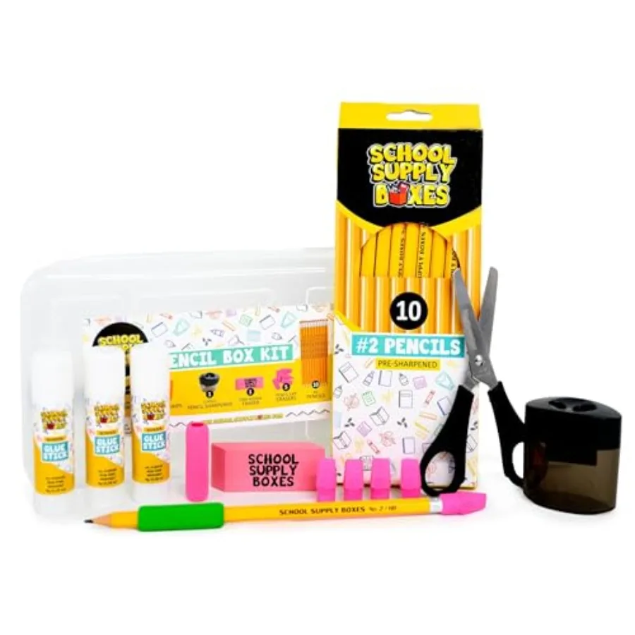 

6 Kits Back to School Pencil Box Kit for Grades K-5 (16-Pieces per Kit) Clear Plastic Storage Box with Pencils Crayons Scissors