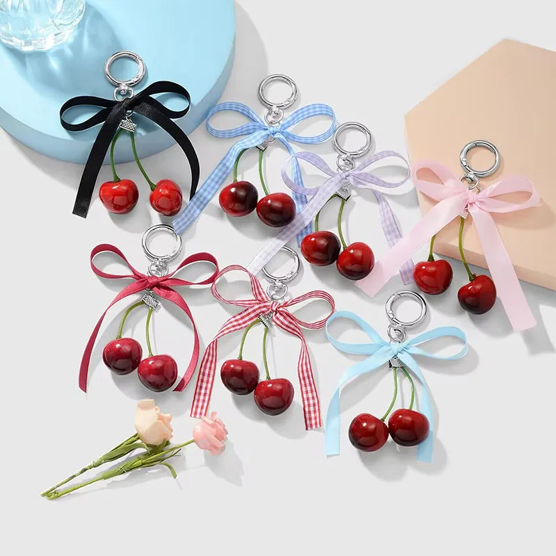 

100pcs/Lot Red Cherry Keychain Summer Fruits Cherries Pendant Keyring Bag Accessories Gift Bowknot Key Chains