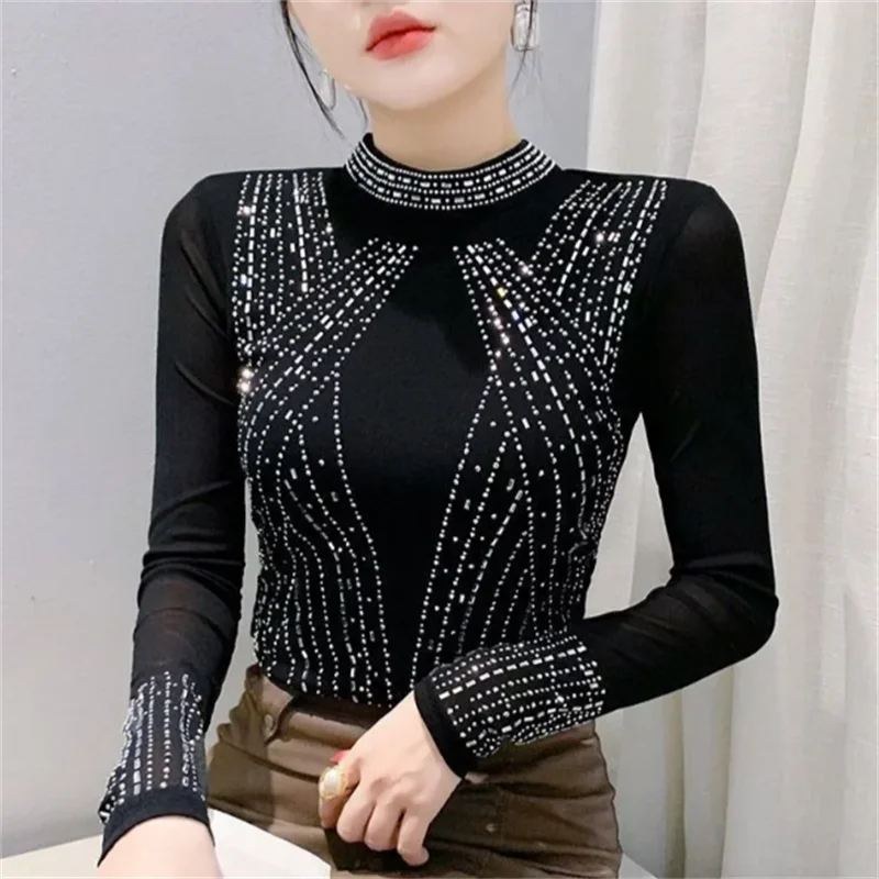

Stand Up Collar Tshirt Women's Hot drill Tshirts Black Mesh Long Sleeved T-shirt For Lady Splicing Pullover Autumn Winter Tees