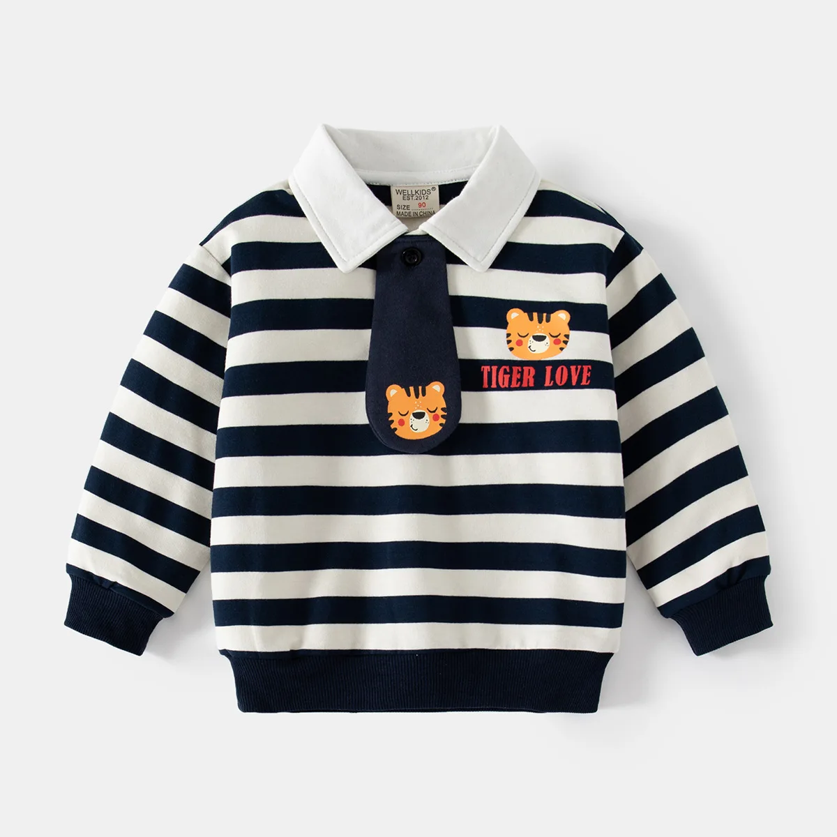 

Spring and autumn boys' lapels sweatshirt, navy blue cool long-sleeved pullovers, cartoon and cute autumn striped sweatshirt