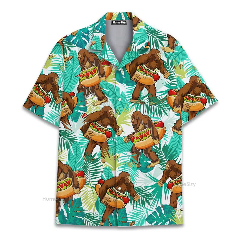 

Bigfoot Flamingo Graphic Fun Hawaiian Shirts For Man Personality Street Short Sleeve Shirt Vintage Leaves Vacation Men Clothing