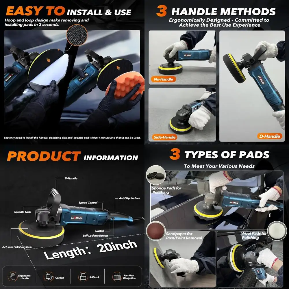 

Buffer Polisher, 6 Inch/7 Inch 1600W Rotary Car Buffer Polisher Waxer, 7 Variable Speed 1000-3500 RPM, Detachable Handle for Car