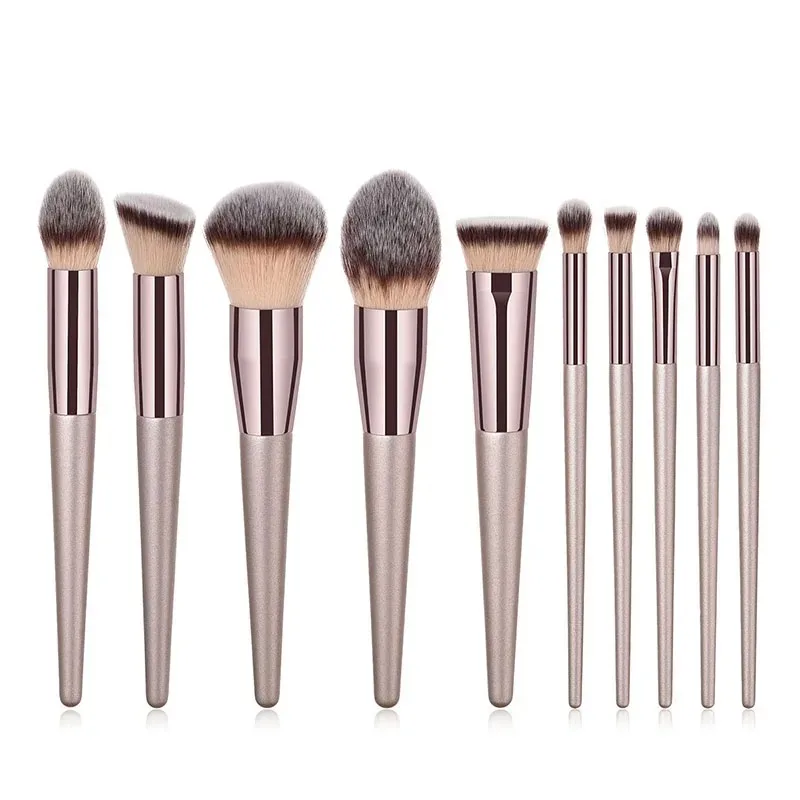 10-Piece Champagne Gold Makeup Brush Set - Professional Vegan Brushes for Foundation, Contour, Eyeshadow, Highlighter, Complete