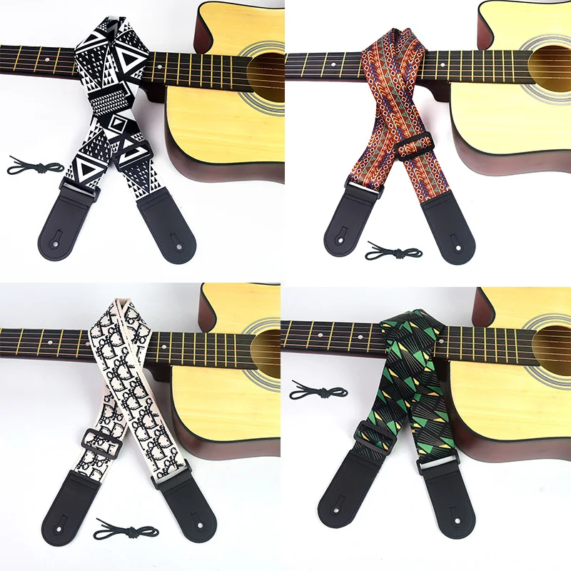 Classical Cartoon Guitar Strap Vintage Ethnic Style Adjustable Strap for Folk Electric Guitar Bass Ukulele Guitar Accessories