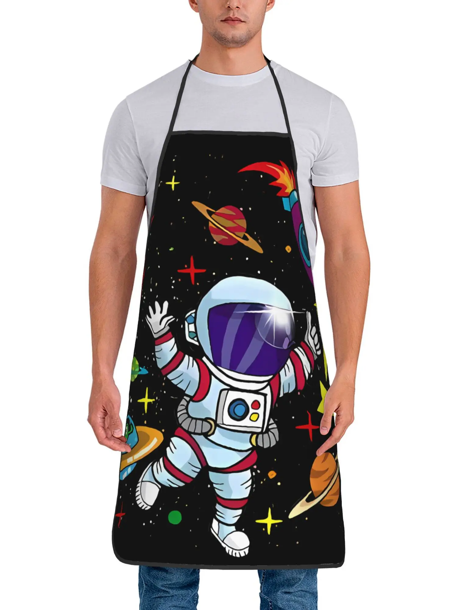 Cute Cartoon Astronaut Space Kitchen Apron - Funny Galaxy Planet Pattern Linen Look Chef Bib for Men Women Cooking Baking Gift