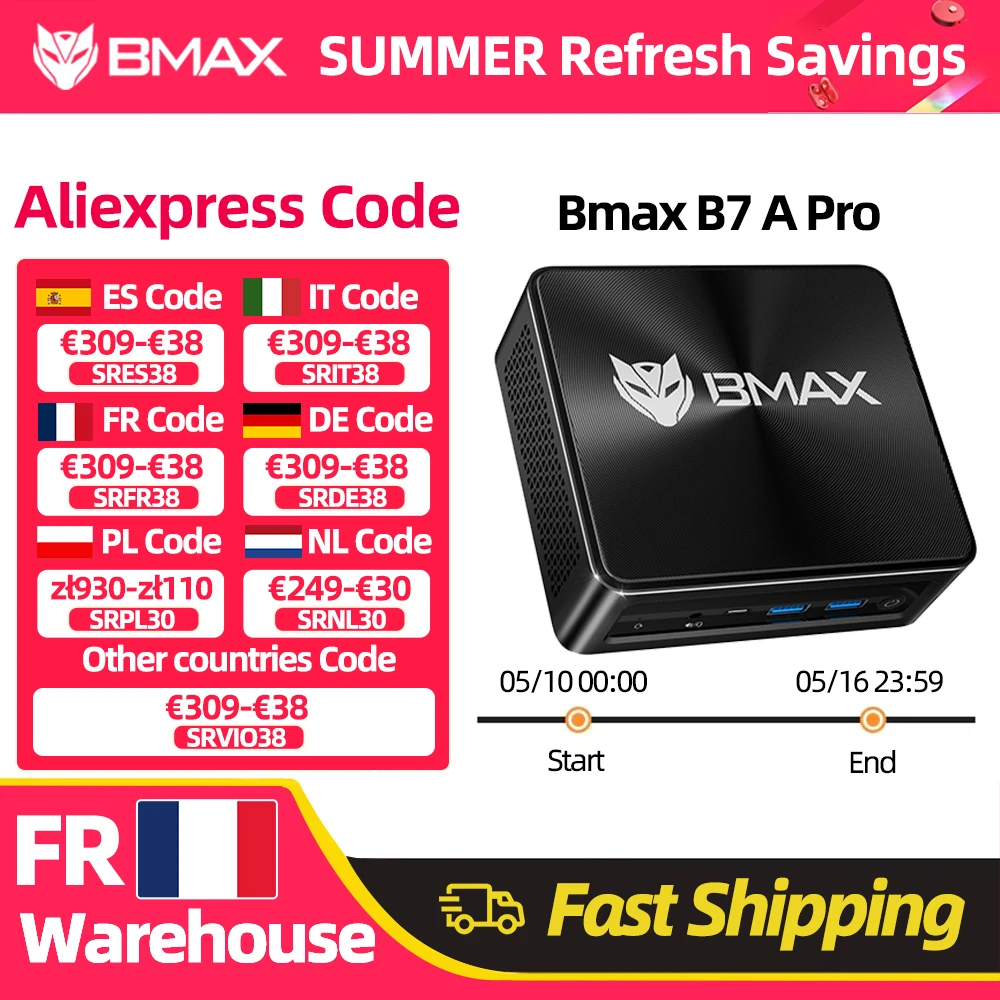 Mini PC BMAX B7 A Pro, processeur AMD Ryzen 5 7430U, graphismes AMD Radeon, 16 Go de RAM, 512 Go de SSD, Windows 11, USB, HDMI, Type-C, Bluetooth, DP