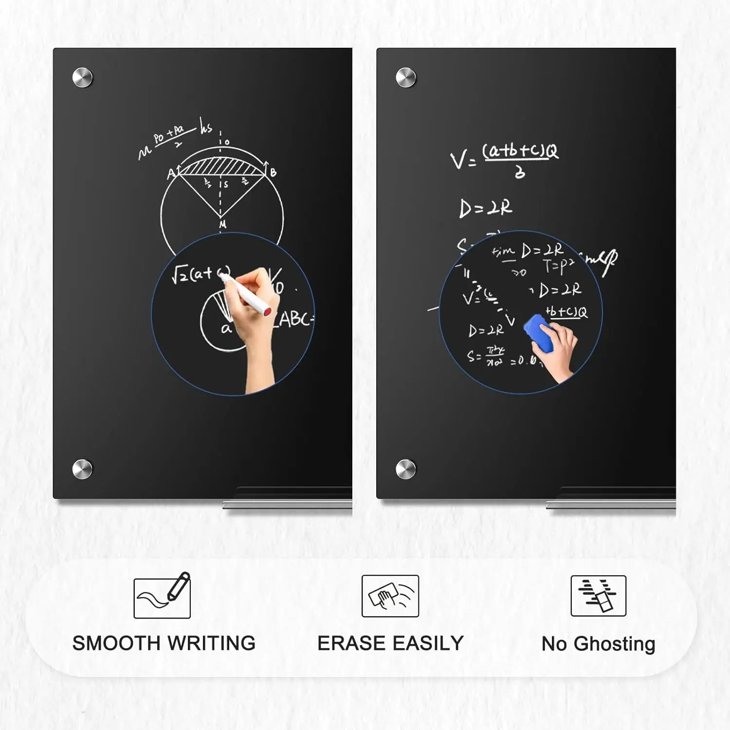 Placa magnética de vidro preto de 36 x 24 polegadas com bandeja de caneta e ímãs para escritório, escola e casa