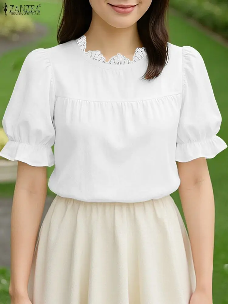 ZANZEA, элегантные офисные блузки с пышными рукавами, летняя блузка 2026, женская стильная кружевная лоскутная рубашка с короткими рукавами, повседневная однотонная рубашка