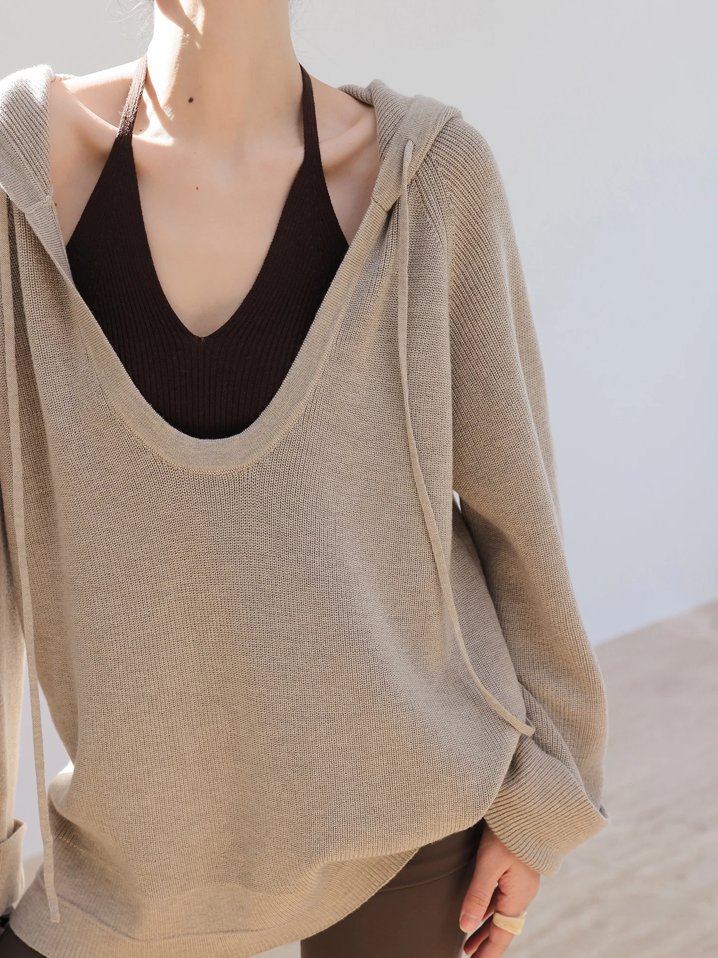 

JWUNIQUE Oats Double Core Early Spring Lazy Knitted ter Top Hoodie Two-Piece Set Women's Loose Fit Long Sve Knitted Swe...