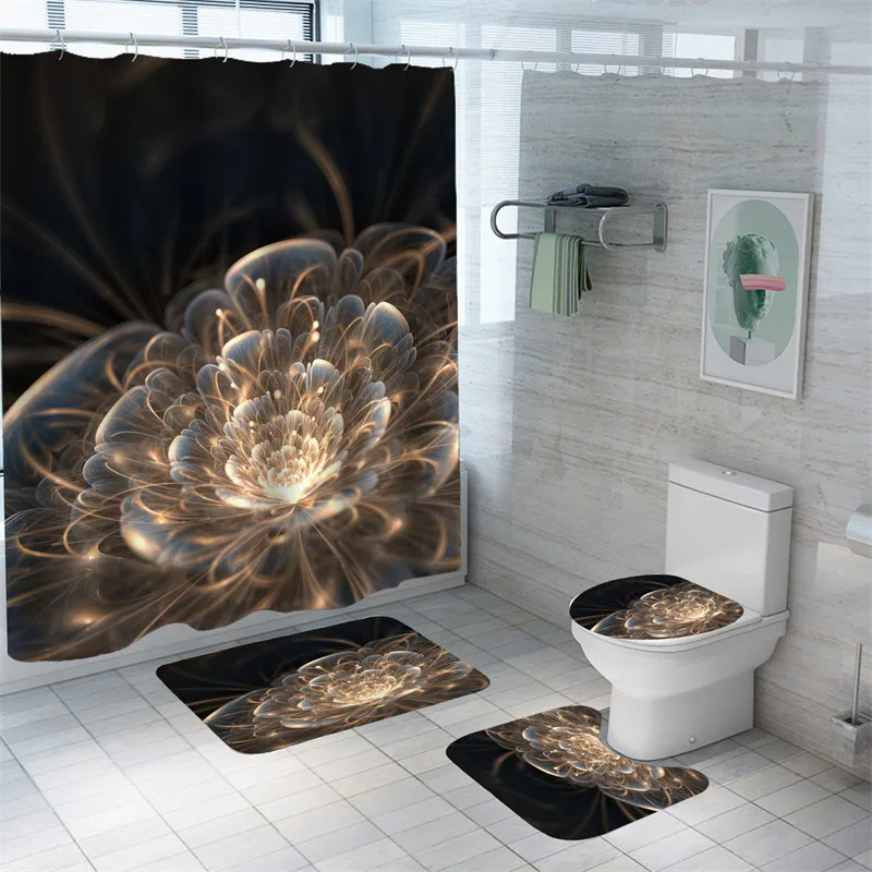 3D Dreamy Succulent Plant Bath Curtain Flowers Print Bath Mat Set Waterproof Polyester Toilet Rug Anti-slip Eco-Friendly Carpets