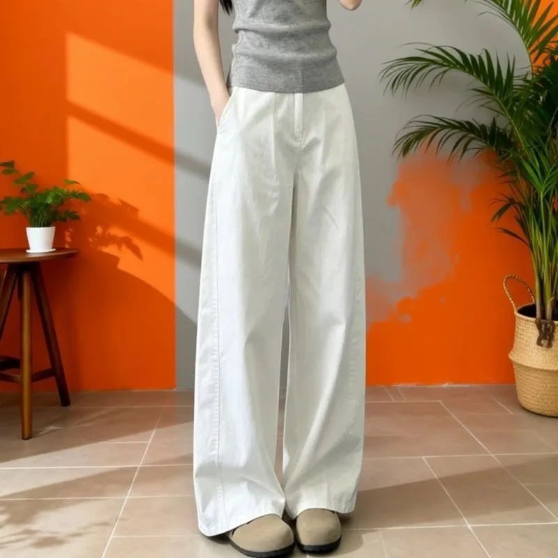 High Waist Wide Leg Straight Cut Jeans Women's Leg Lengthening Loose Fit Cotton Stretch Denim High Street Style