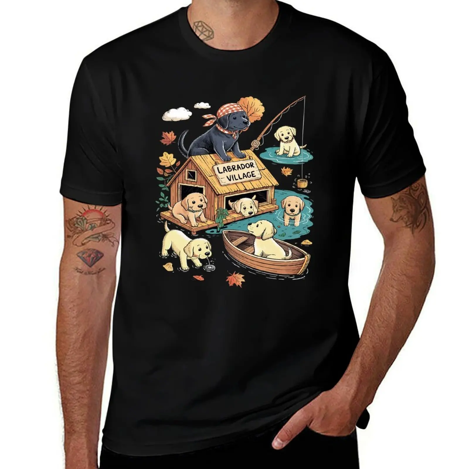 

Labrador Dog Village Fishing Lake T-Shirt graphic shirts quick drying plus size clothes plus sizes clothes for men