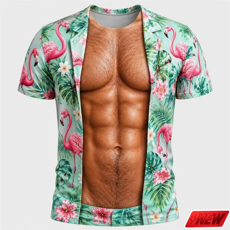 Funny Fake Body Abs Chest Hair T-Shirt Men 3D Stripe Leopard Pattern Short Sleeve Tee Summer Beach Vacation Novelty Party Top