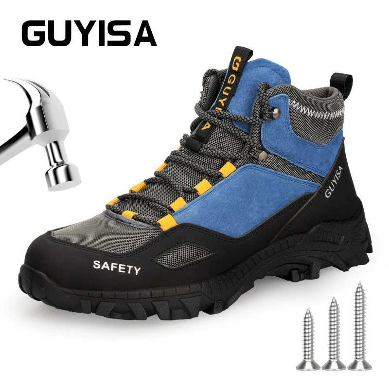 GUYISA Fashion Men\'s Safety Shoes For Work Steel Toe Boots Blue Contrasting Color Size 37-46 Protecting the Feet