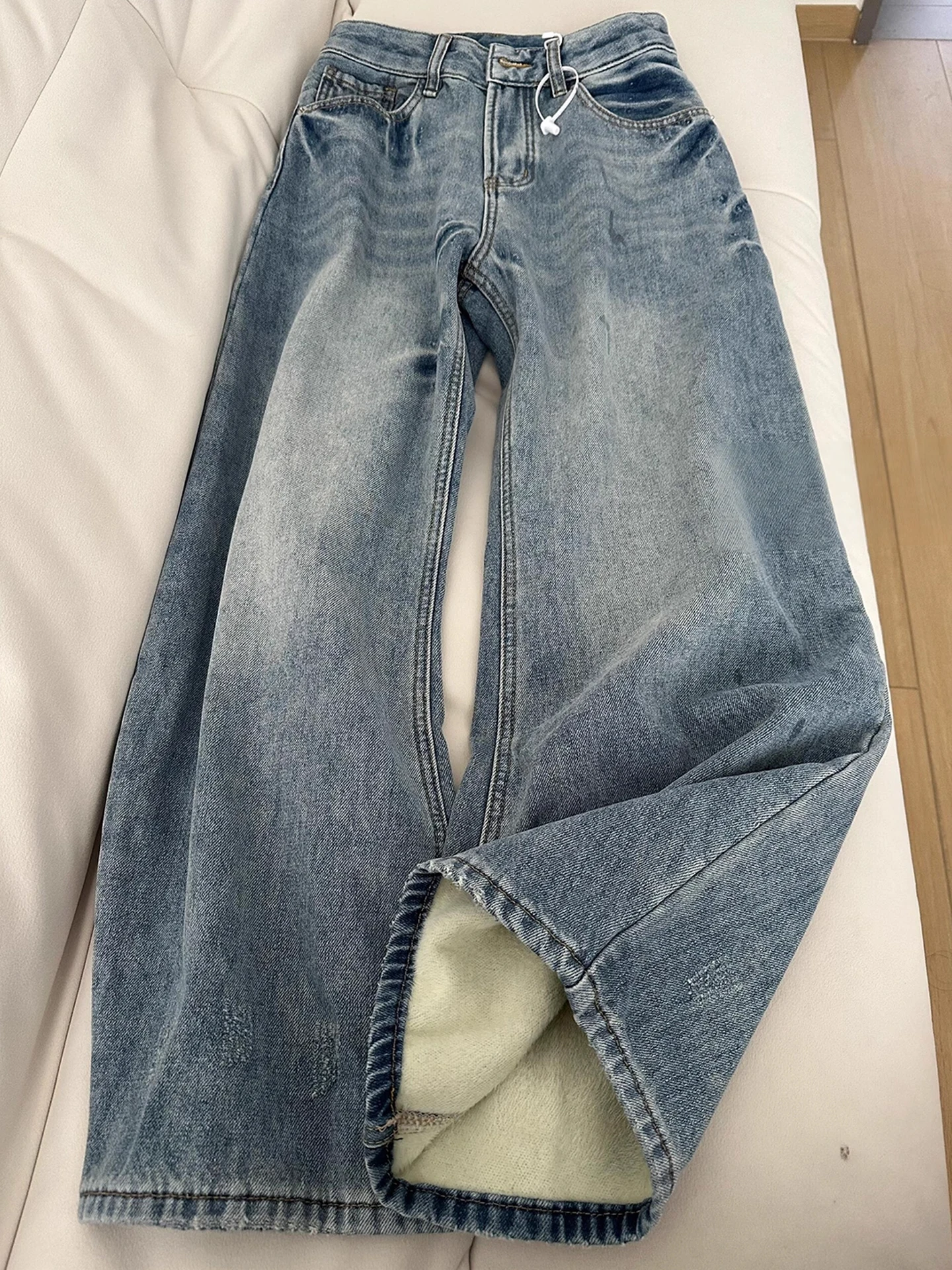 

Американские синие джинсы в стиле ретро, мужские зимние широкие брюки Thiened Fce с высокой талией, удлиненная длина, повседневная одежда