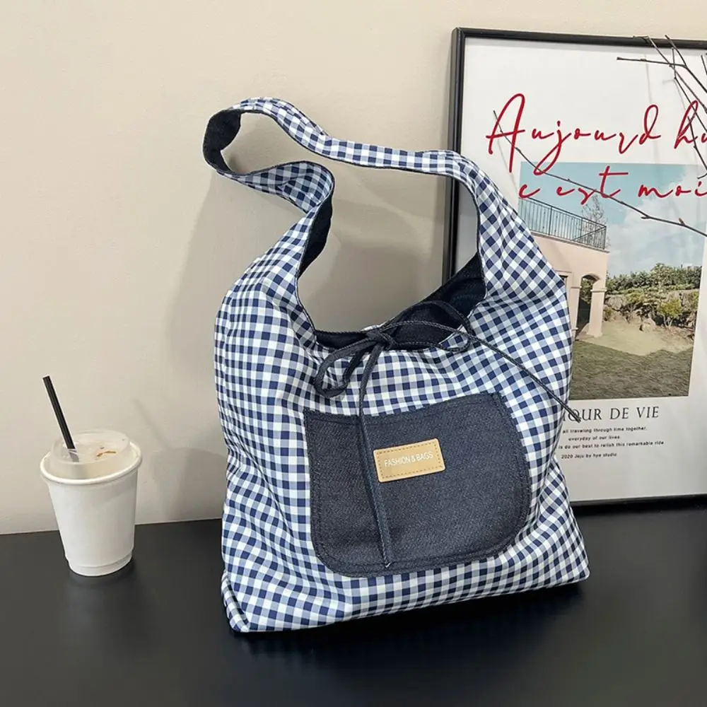 

Lattice Double Sided Plaid Denim Vest Bag Cloth Leisure Denim Shoulder Bag Japanese Style Commuting Canvas Tote Bag Travel